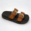 Brown Double Big Round Buckle Strappy Slide Sandals