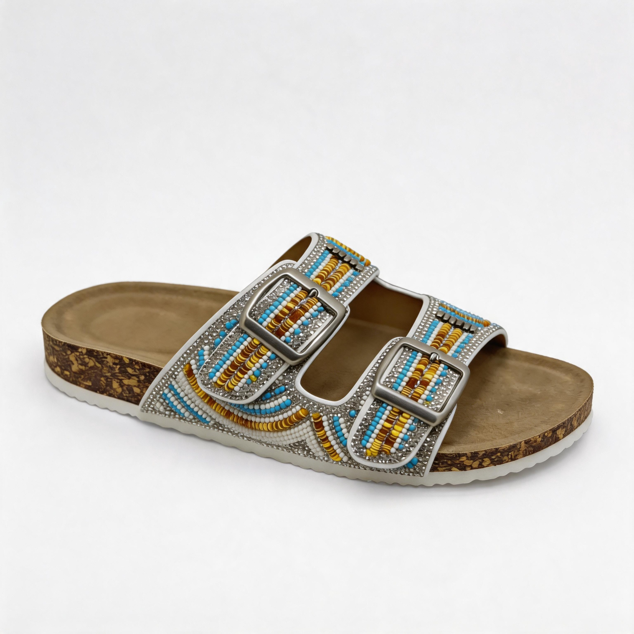 Ethnic Beaded Double Buckle Cork Birken Sandals