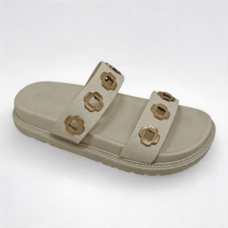 Beige Double Strap Clover Decor Platform Slide Sandals