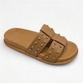 Brown Gold Stud Double Strap Flat Slide Sandals