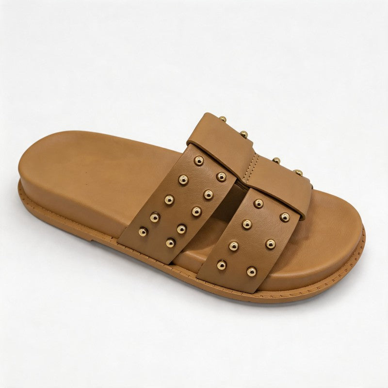 Brown Gold Stud Double Strap Flat Slide Sandals