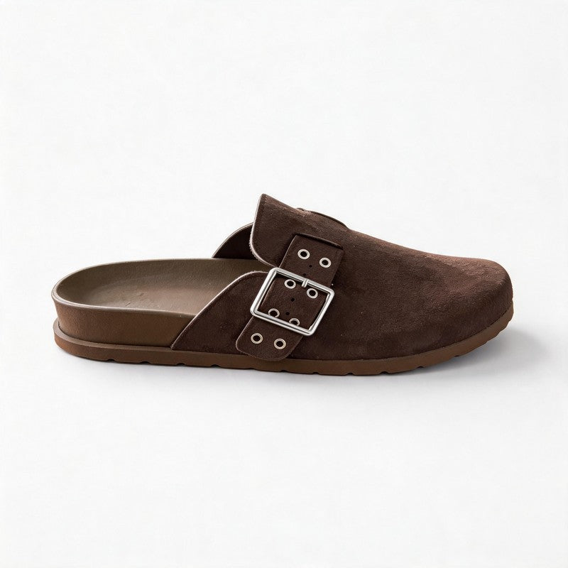Brown Suede Mule Clog with Adjustable Buckle Sandals