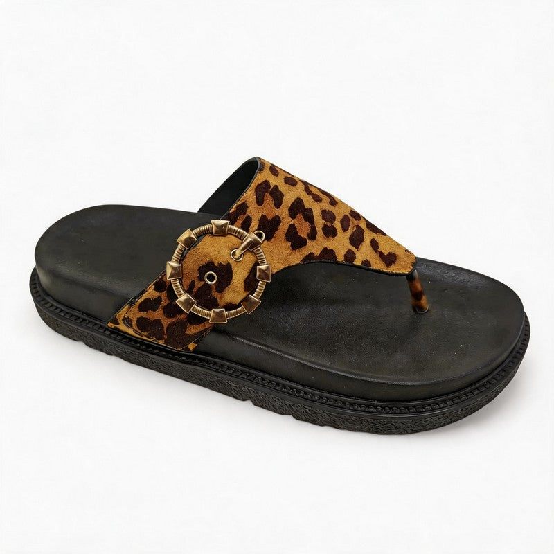 Leopard Print Thong Slide Sandals with Large Buckle