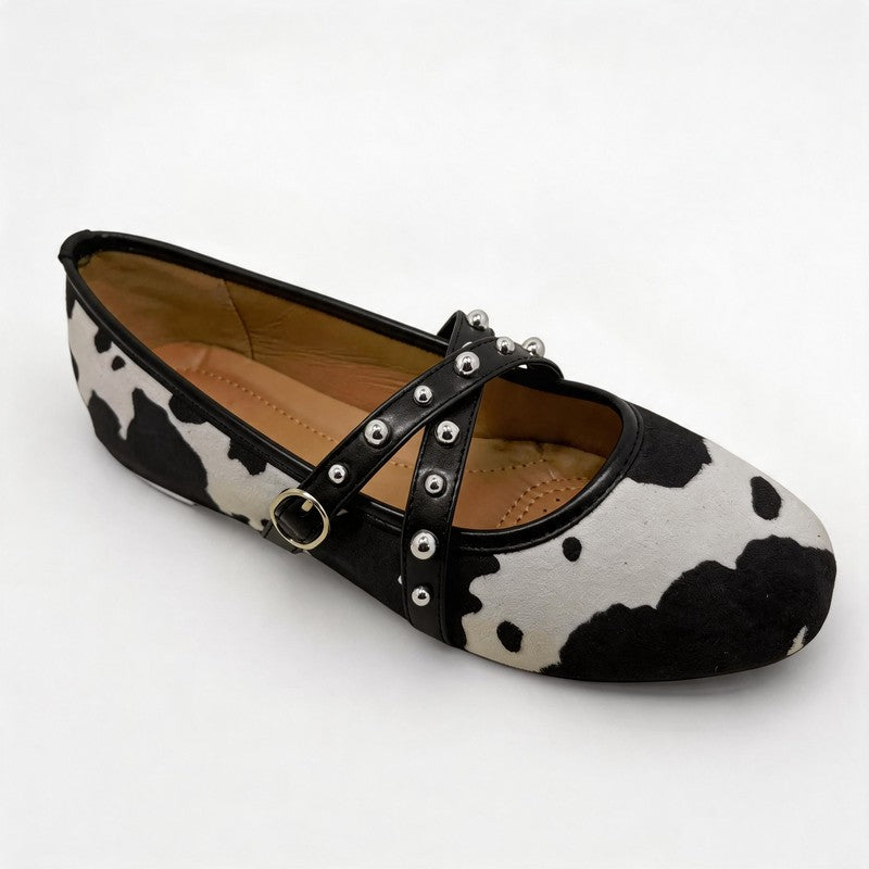 Cow Print Cross Strap Studded Mary Jane Flats