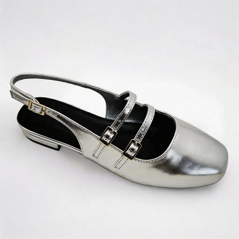 Silver Metallic Double Buckle Slingback Mary Jane Flats