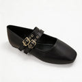 Black Double Buckle Square Toe Mary Jane Flats