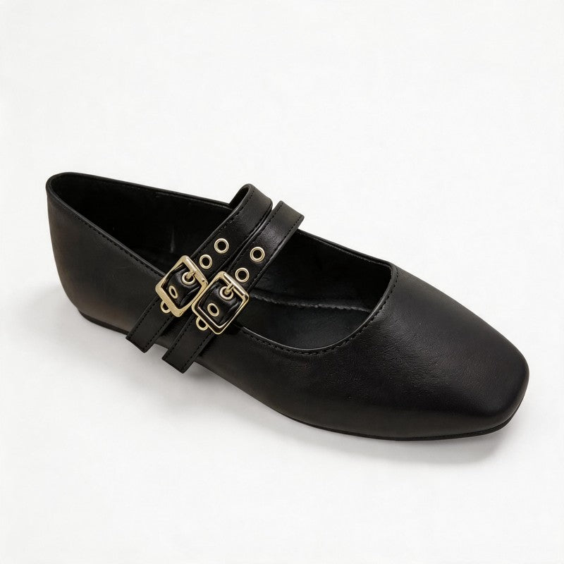 Black Double Buckle Square Toe Mary Jane Flats