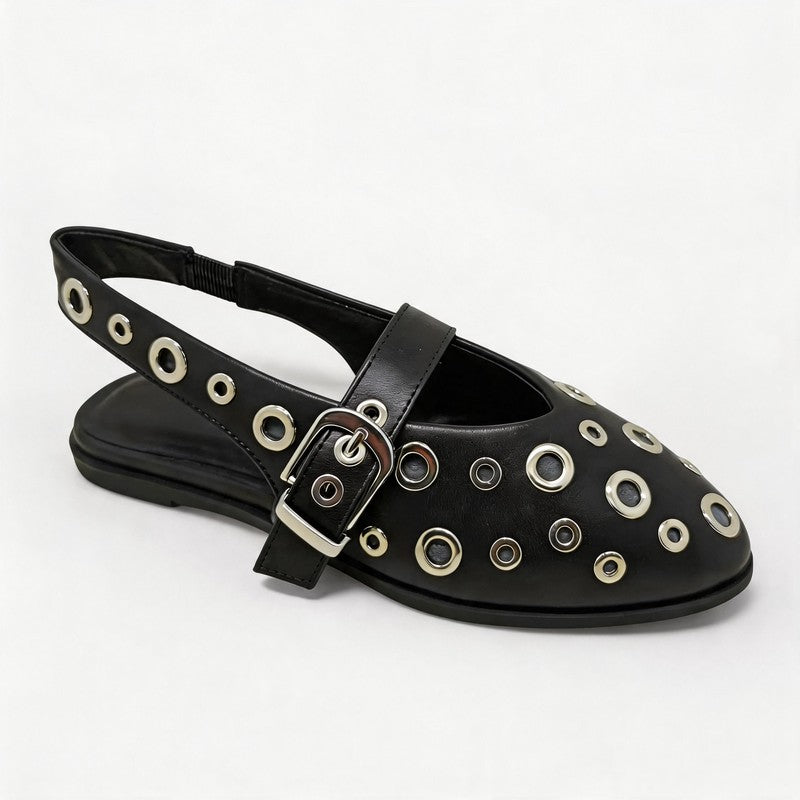 Black Metal Eyelet Slingback Flat Shoes