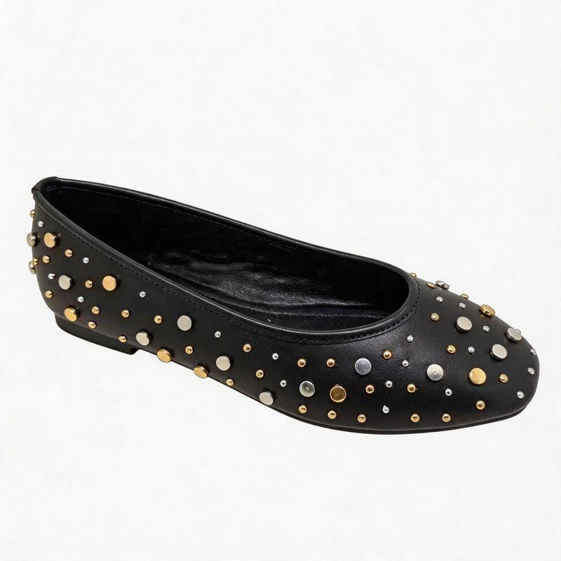 Black Mixed Metal Studded Ballet Flats