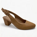 Camel Leather Slingback Block Heel Pumps