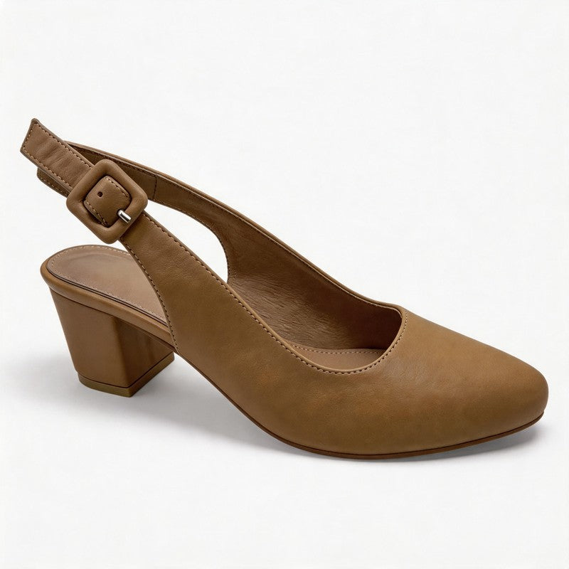 Camel Leather Slingback Block Heel Pumps