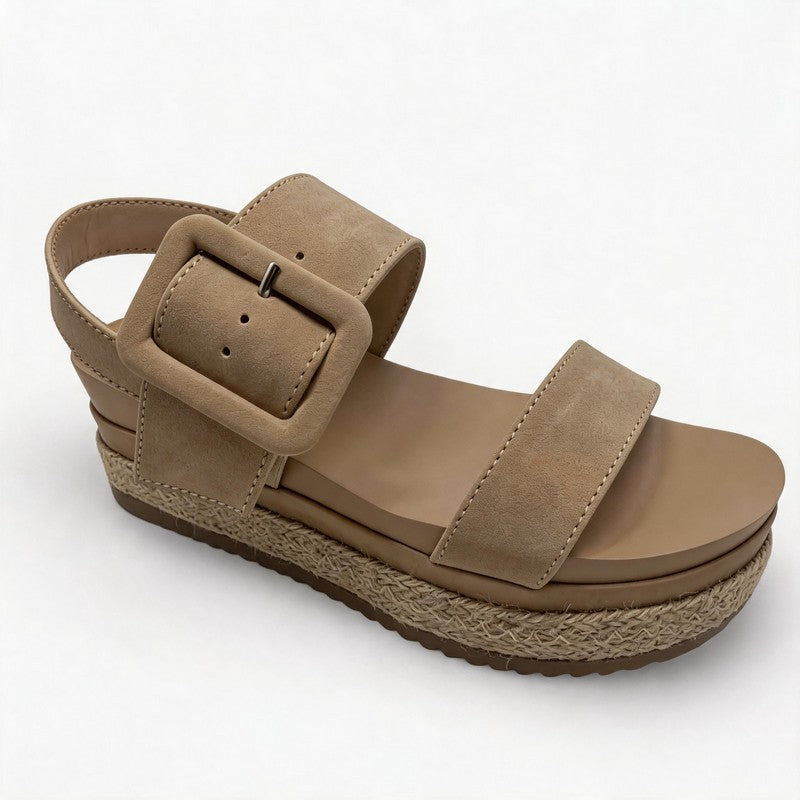 Khaki Nubuck Buckle Espadrille Wedge Sandals