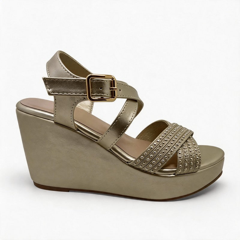 Champagne Gold Rhinestone Crisscross Wedge Sandals