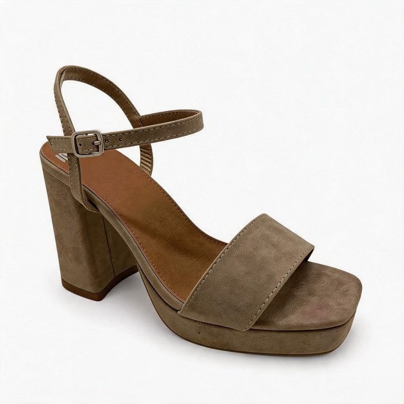 Taupe Nubuck Square Toe Block Heel Sandals