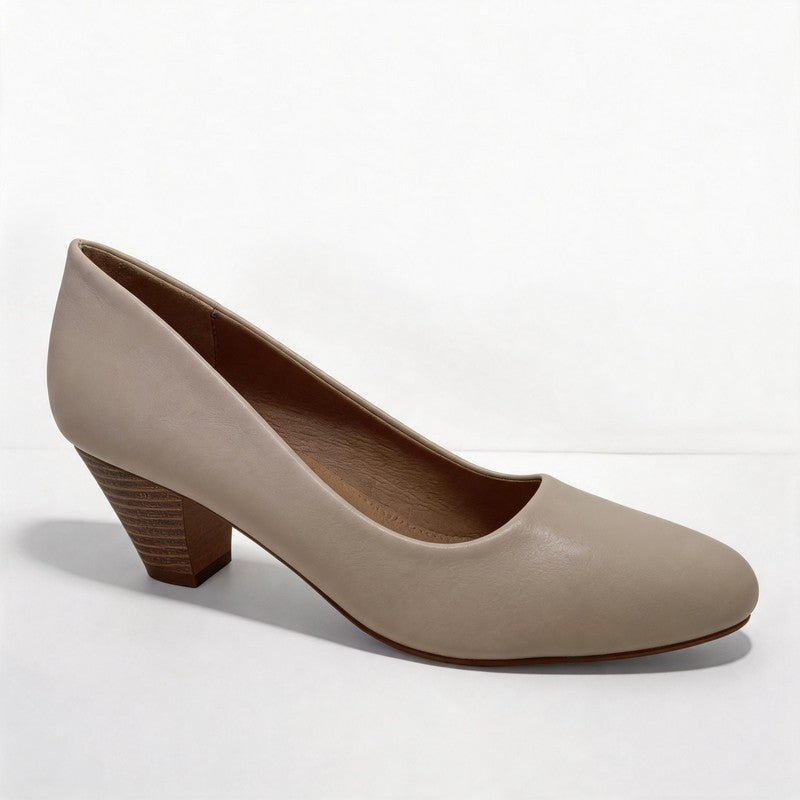 Nude Leather Wood Grain Block Heel Pumps