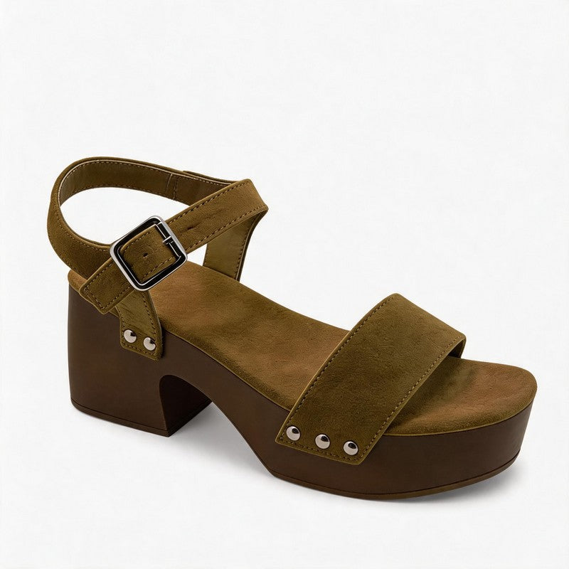 Olive Green Nubuck Studded Block Heel Sandals