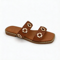 Brown Double Strap Gold Flower Studs Slide sandals for Women