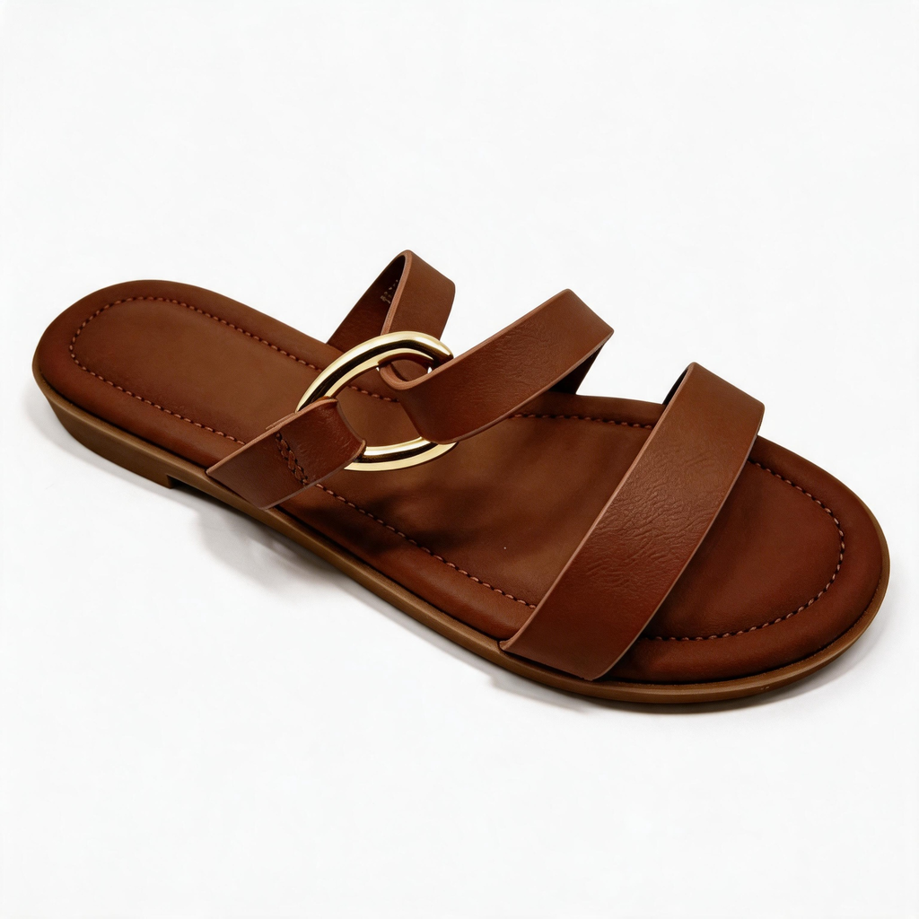 Brown Gold Circle Open Toe Slide Sandals for women