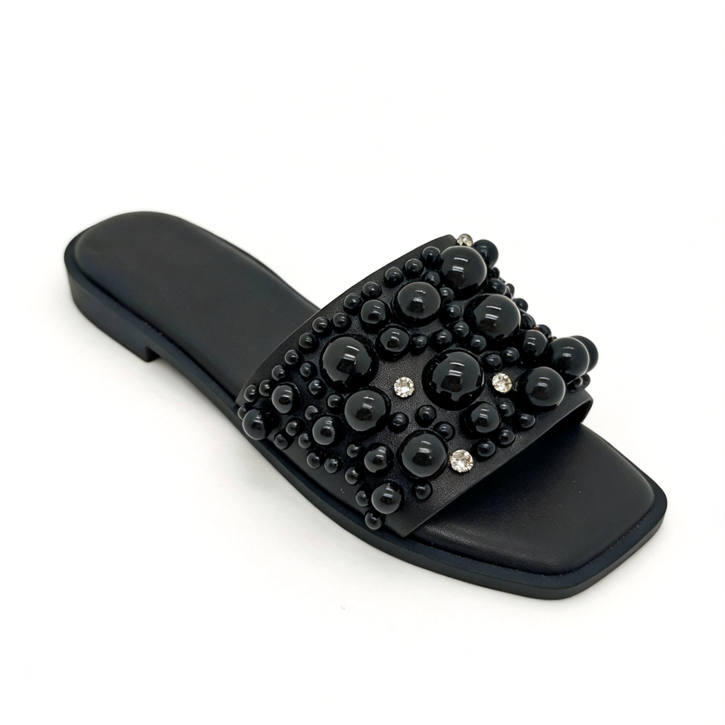 Pearl & Rhinestone Embellished Flat Slide Sandals