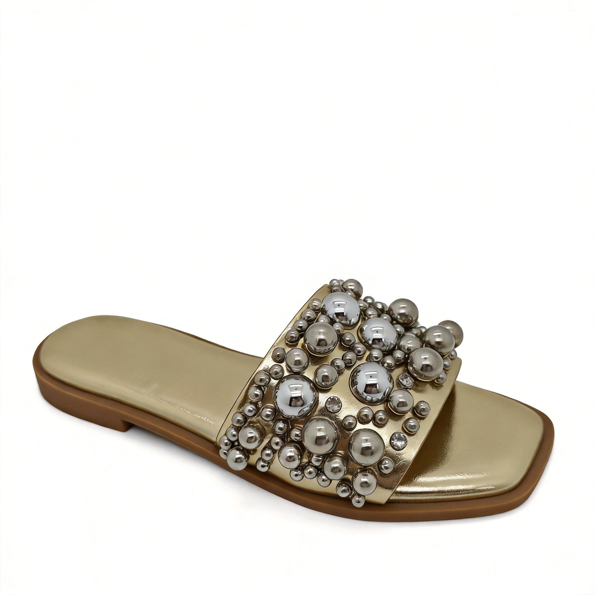 Pearl & Rhinestone Embellished Flat Slide Sandals