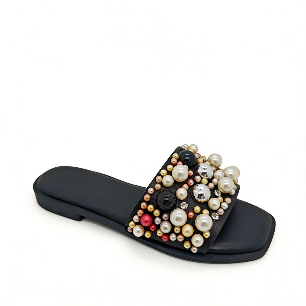 Pearl & Rhinestone Embellished Flat Slide Sandals