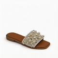 Pearl & Rhinestone Embellished Flat Slide Sandals