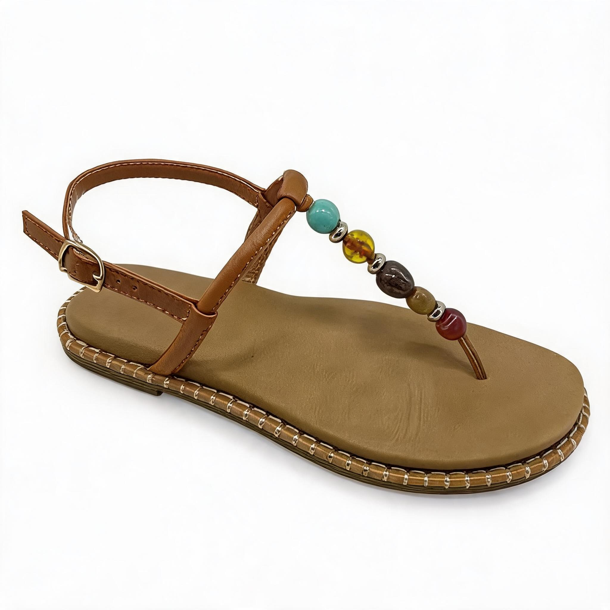 Multicolor Beaded T-Strap Flat Sandals