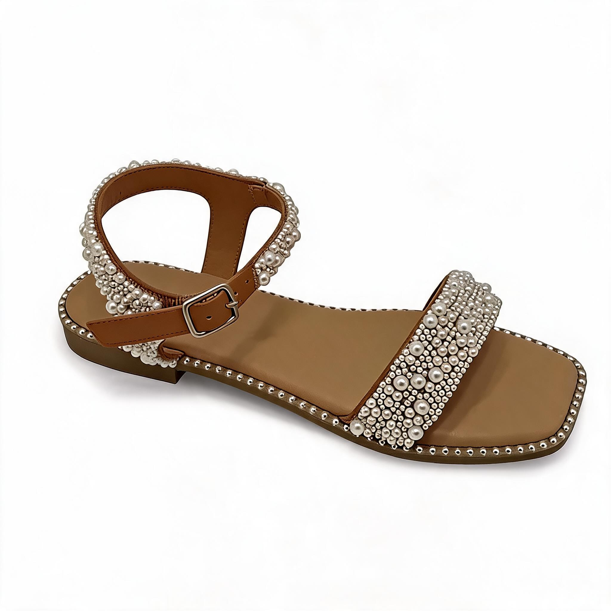 Women's Pearl Embellished Ankle Strap Flat Sandals